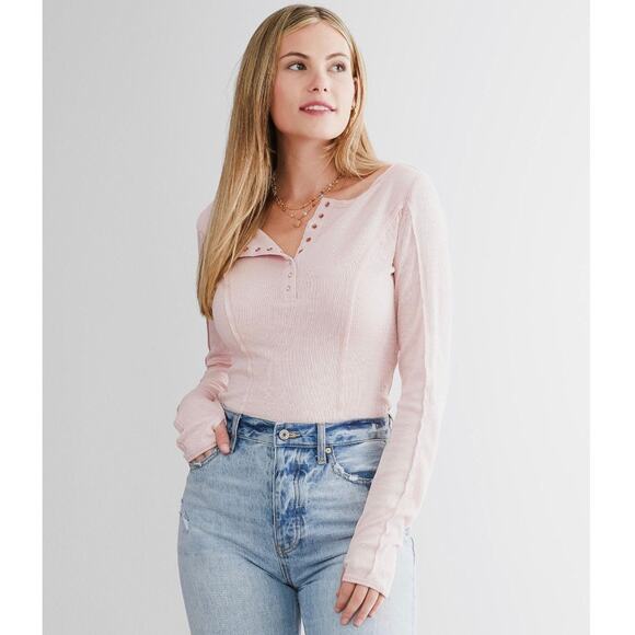 Free People Intimately Sloane Bodysuit Pink Nectar Knit WMN XS Henley Snap Scoop - Picture 1 of 13